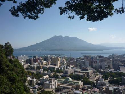 Sakurajima volcano across the city of Kagoshima 